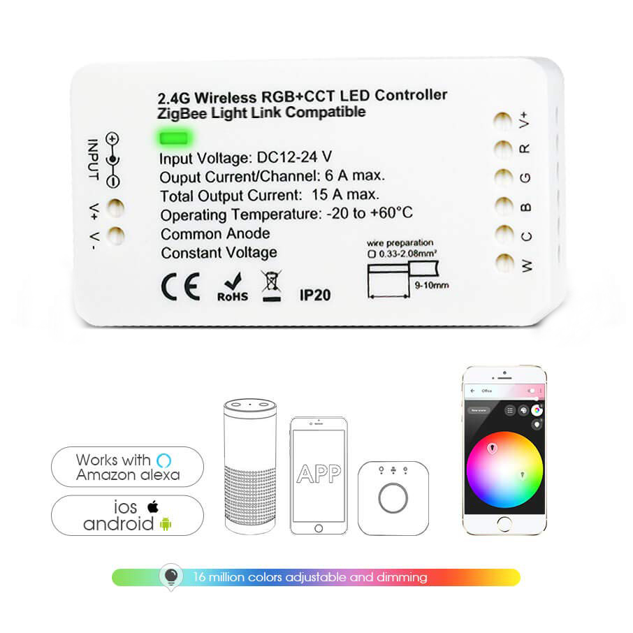 LED Wi-Fi / Bluetooth RGB LED Controller - Alexa / Google Assistant /  Smartphone Compatible - 12-24 VDC