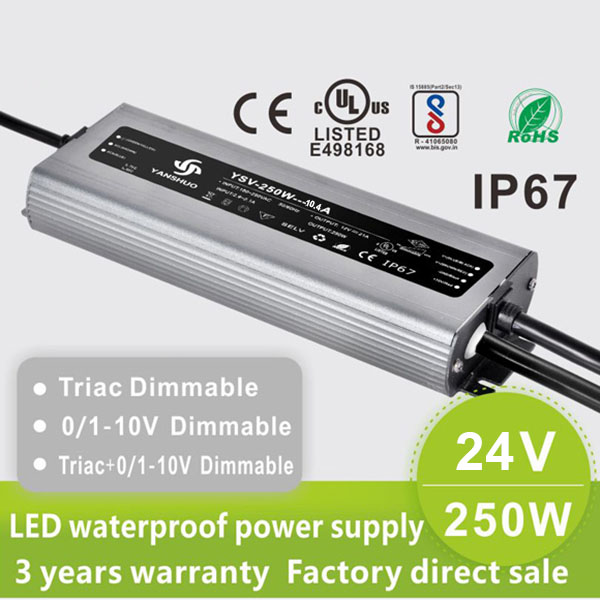AC110V/220V DC24V 250W 10.4A UL-Listed LED Waterproof IP67 Triac and  0/1-10V Dimmable LED Dimming Power Supply [YSV250W24V-IP67]