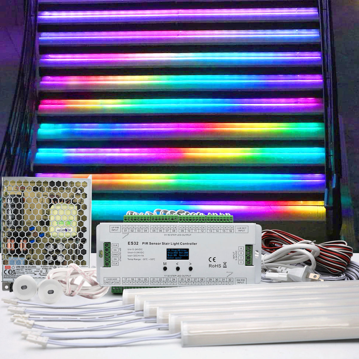 RGB Color Chase Motion Sensor Indoor Step Lights Kit For Stairs