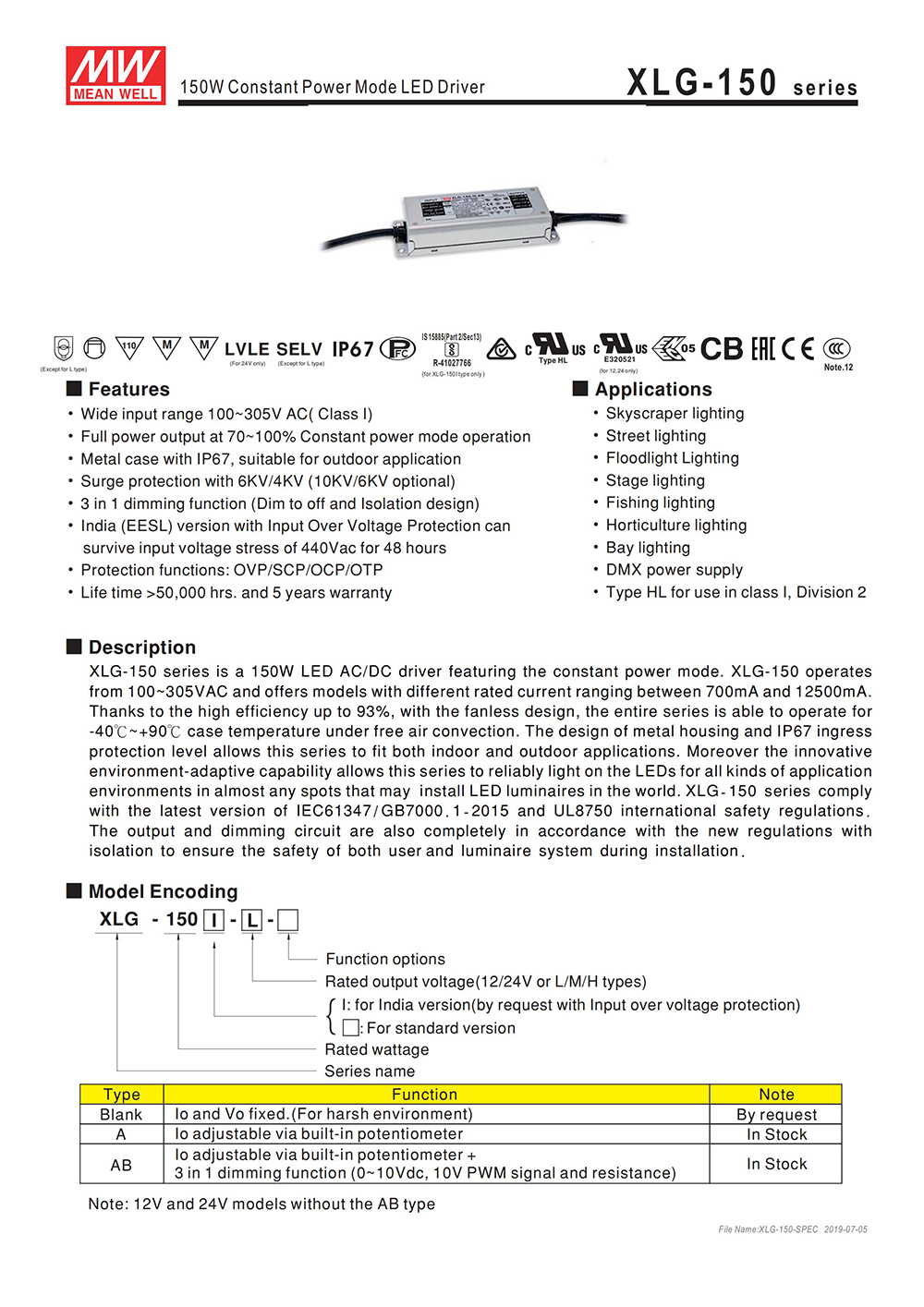 12 Volt LED Netzteil Mean Well XLG-150-12-A 150 Watt 12.5A IP67