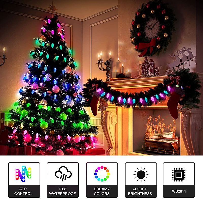 iBaycon Smart C9 Christmas Lights, 50 LED 33ft Bluetooth Outdoor Christmas Lights String, App Remote Controlled, Music Sync Color Changing RGB Connect