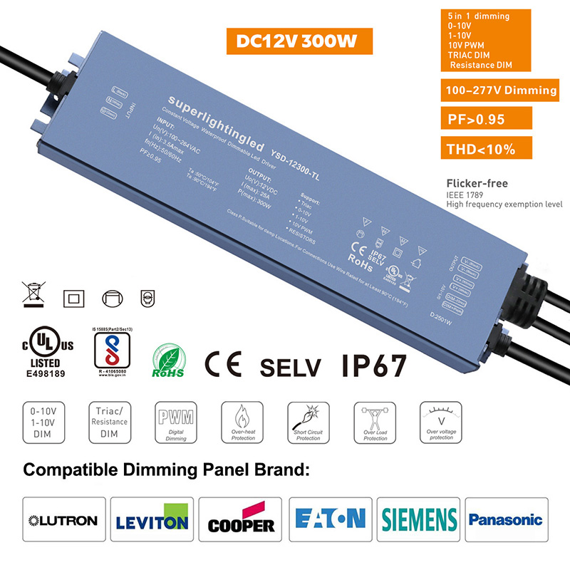 AC110V/220V DC12V 300W 25A UL-Listed LED Waterproof IP67 Triac and 0/1-10V Dimmable LED Dimming Power Supply AC110V/220V DC12V 300W 25A UL-Listed LED Waterproof IP67 Triac and 0/1-10V Dimmable LED Dimming Power Supply