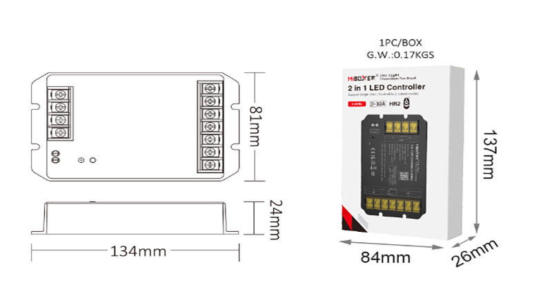 HR2 RF Wireless Dual Color LED Dimmable Light Controller Size