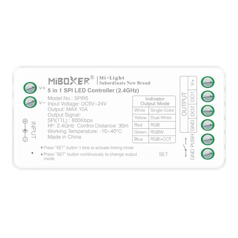 SPIR5 5-in-1 SPI Digital LED Light Controller (RF + Push Switch + Music) SPIR5 5-in-1 SPI Digital LED Light Controller (RF + Push Switch + Music)