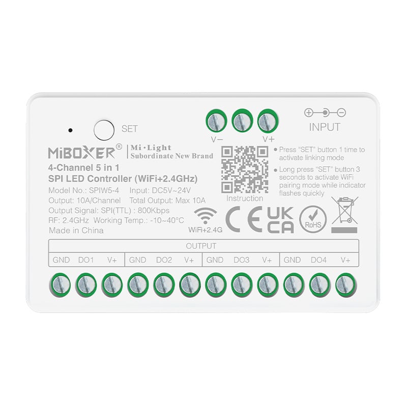 SPIW5-4 4CH SPI 5-in-1 Addressable LED Light Strip Controller (WiFi + RF + Music) SPIW5-4 4CH SPI 5-in-1 Addressable LED Light Strip Controller (WiFi + RF + Music)
