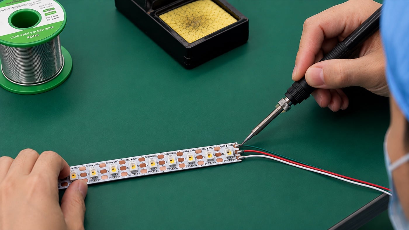 Soldering wire tails onto a cut-to-length addressable LED strip light