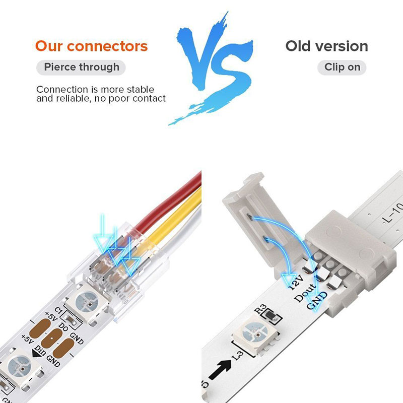 RGB Strip Light Connector with 1.64ft Extension Wire for 5050 10mm LED  strips , 20AWG 4-PIN + 4-PIN connector, DIY Strip to Controller or Board to
