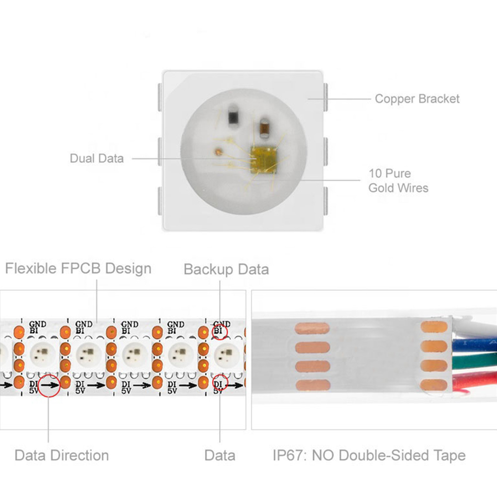 DC5V WS2813 (Upgraded WS2812B) Breakpoint-continue 144 LEDs Addressable Digital LED Strip Lights (Dual Signal Wires), Waterproof Dream Color Programmable 5050 RGB Flexible LED Ribbon Light，1m/3.28ft [DCFLS-5V-WS2813X144] - $15.98 :