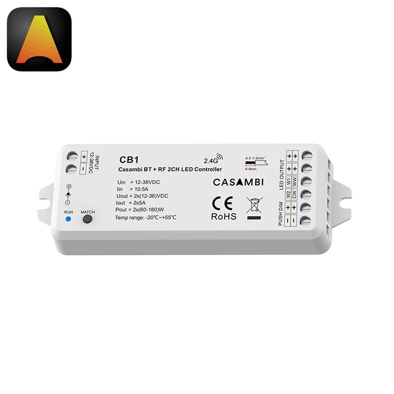CB1 2CH Casambi LED Controller (Bluetooth + RF) For Dim / CCT Light Strips CB1 2CH Casambi LED Controller (Bluetooth + RF) For Dim / CCT Light Strips