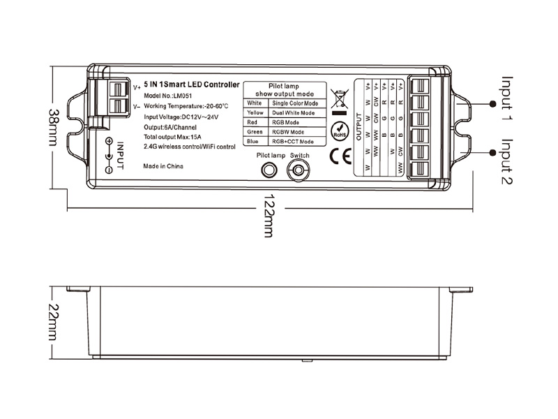 LM051 5 in1 Dimmer LED Light Strip RF Controller Size