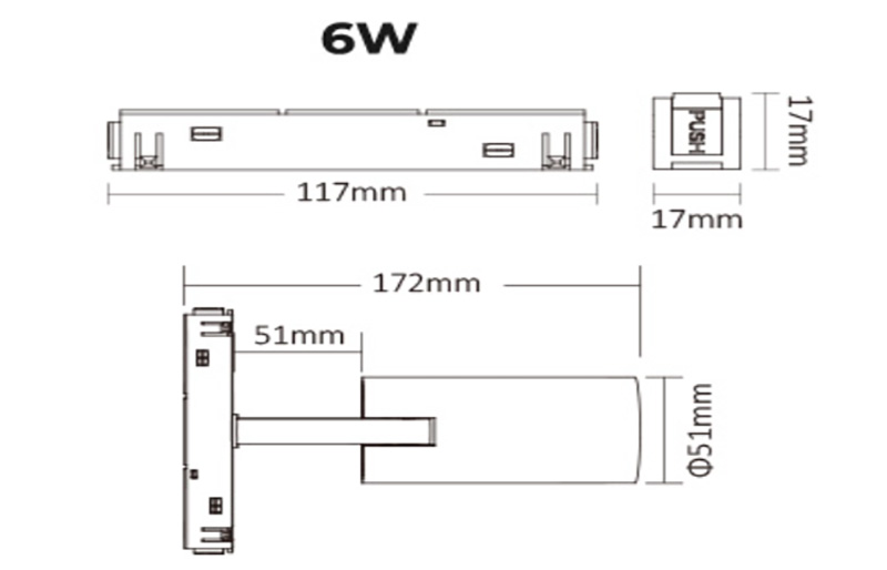 MS2-06B-ZR 6W RF Zigbee Dual White LED Magnetic Track Spotlight Size