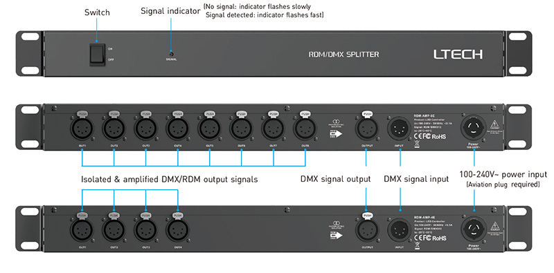 RDM-AMP-4E DMX 5 Pin XLR Low Distortion Isolated Signal Amplifier