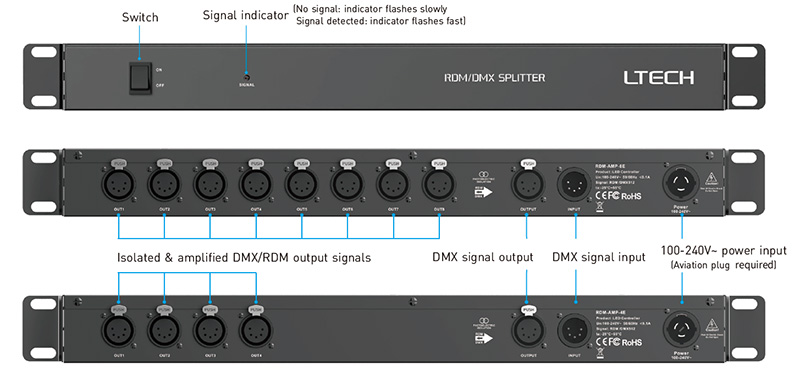 RDM-AMP-8E DMX RDM Neutrik 5 Pin XLR Portable Signal Amplifier