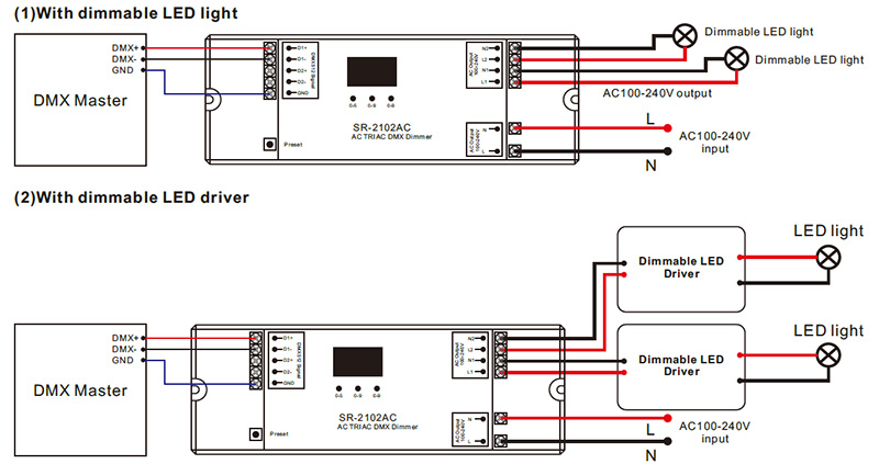 SR-2102AC 2CH Dimmable LED Light AC DMX TRIAC Dimmer Wiring Diagram