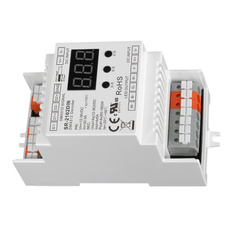 SR-2102DIN CV 12 to 36VDC RDM DIN Rail DMX Dimmer Decoder