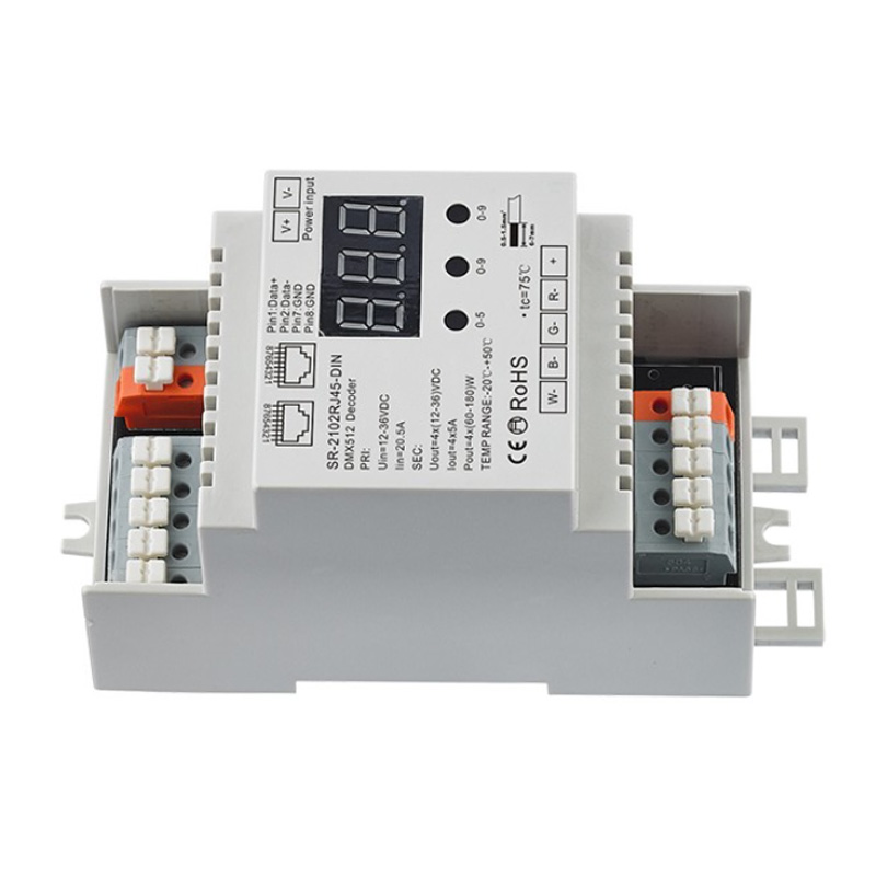 SR-2102RJ45-DIN CV RGBW LED Strip DIN Rail RDM RJ45 DMX Decoder