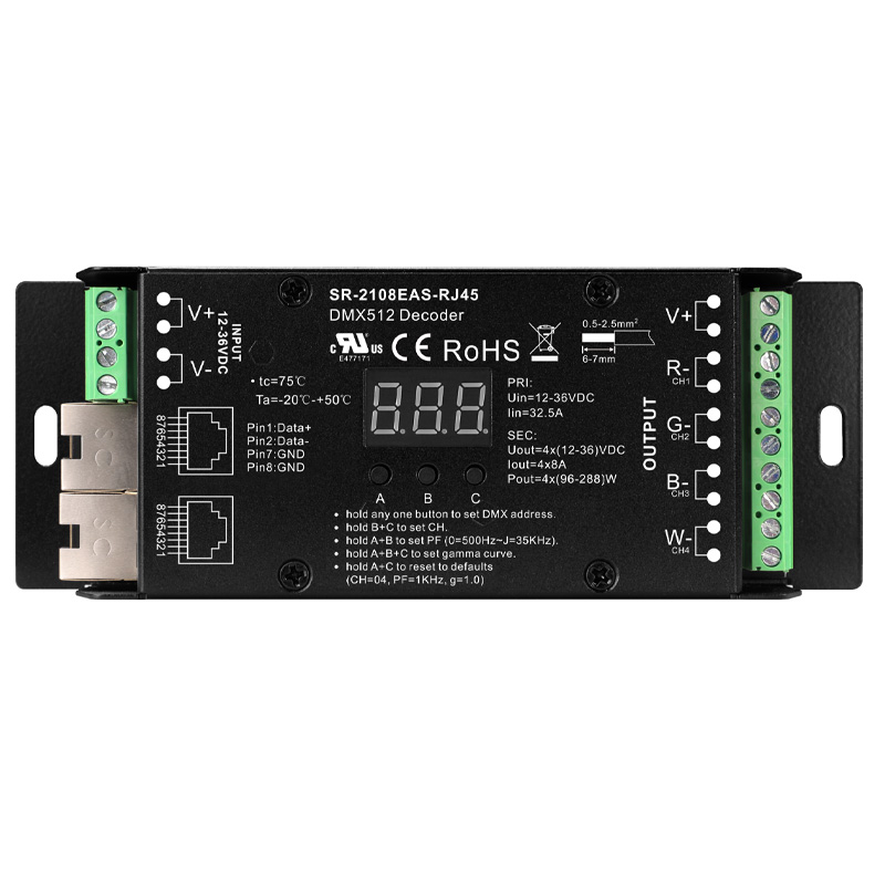 SR-2108EAS-RJ45 CV 4 CH RGBW LED Strip RDM DMX512 16 Bit Decoder