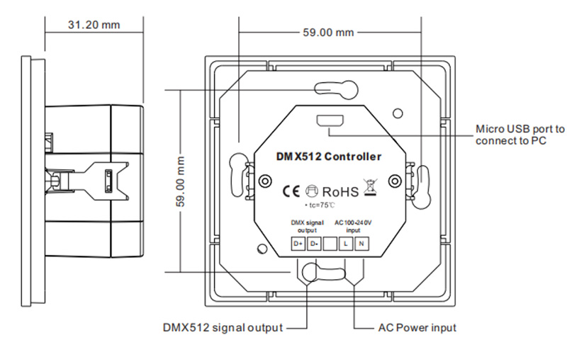 SR-2847 AC LED Light Wall Mounted DMX512 Control Panel Size