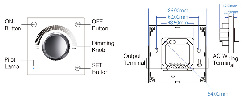 TW01RF RF AC Triac LED Panel Dimmer Switch with Knob Structure