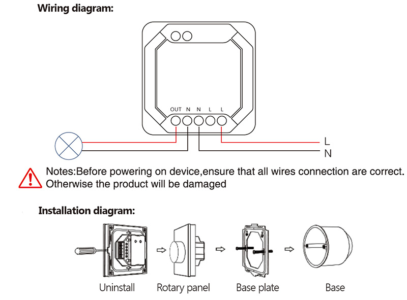 TW01W AC Triac RF LED Tuya Rotary WiFi Dimmer Switch Diagram