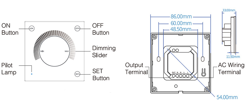 TW02RF RF AC Led Light Triac Touch Panel Dimmer Switch Structure