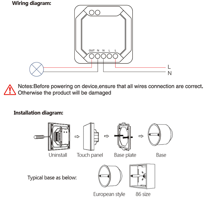 TW02W RF Triac Tuya Smart WiFi Touch Dimmer Light Switch Diagram