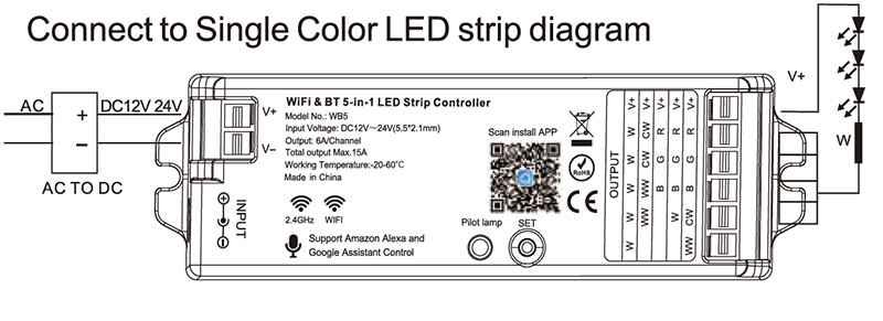 WB5 12 to 24VDC 5 in 1 Bluetooth LED Strip Lights WiFi Controller Diagram