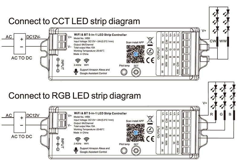 WB5 12 to 24VDC 5 in 1 Bluetooth LED Strip Lights WiFi Controller Diagram