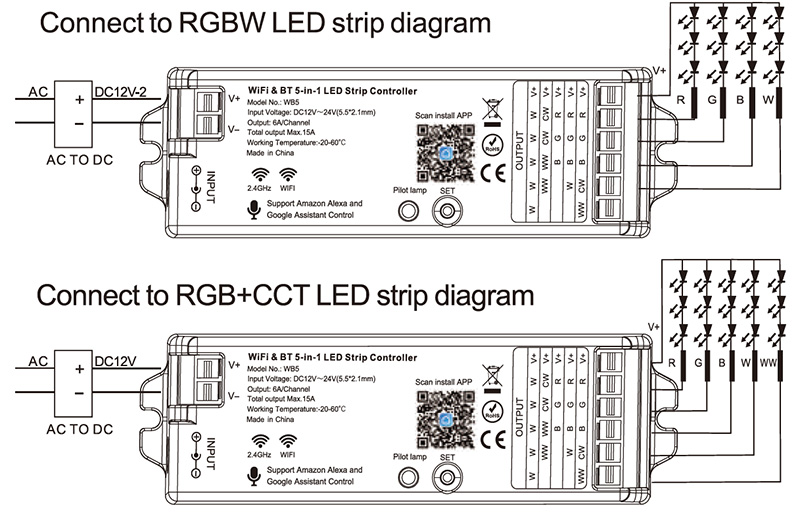 WB5 12 to 24VDC 5 in 1 Bluetooth LED Strip Lights WiFi Controller Diagram